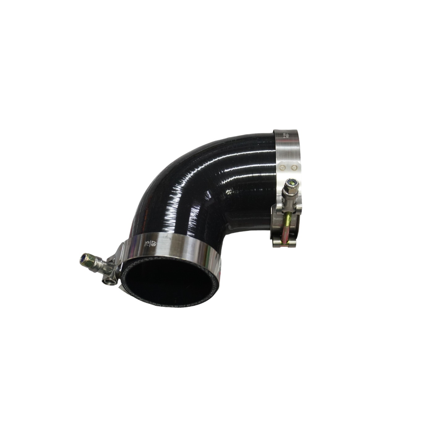 codo90-3-25-clamp.jpg Codo 90° 3″ a 2.5″ silicona color negro + abrazaderas - Imagen 1