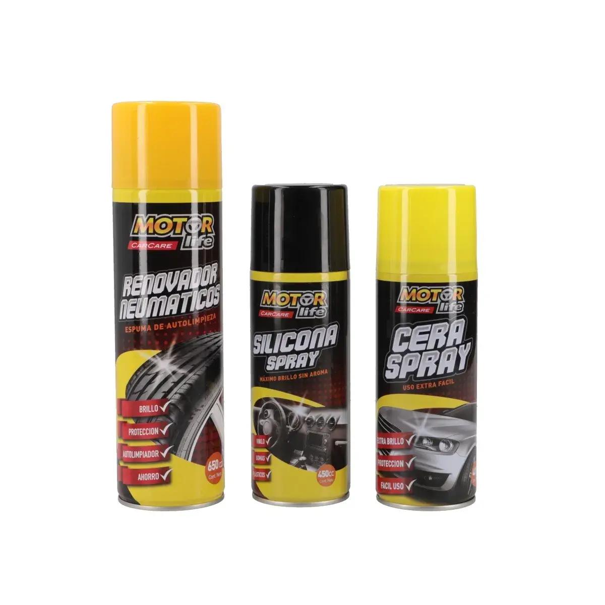 medias-120881-1-1634814513.webp Tripack Silicona, Cera 450cc Mas Renovador de Neumáticos 650cc MOTORLIFE - Imagen 1